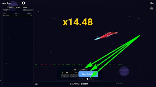 Interfaz del juego Sky Rush que muestra la opción de apuesta automática y una nave espacial roja en el espacio con multiplicador x14.48