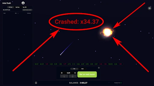 Juego Sky Rush que muestra un evento de choque con multiplicador x34.37, opciones de apuesta automática y una nave espacial en el espacio